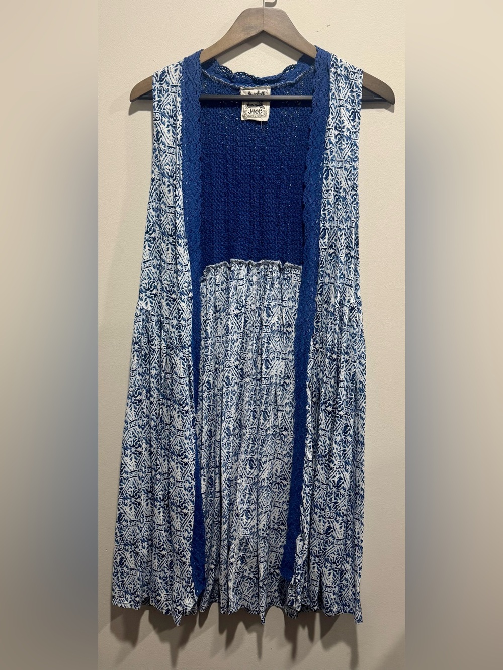 Boho Crochet Trim Long Duster Vest Sleeveless Cardigan Small
